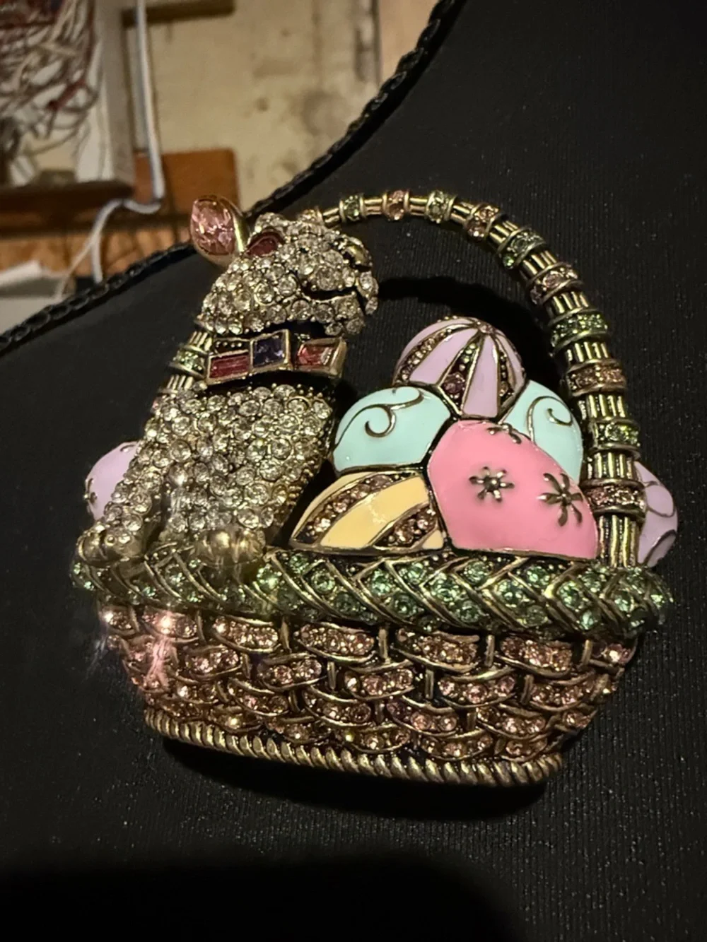 Heidi Daus Sparkling Bunny in Easter Basket Brooch - Pink, Mint & Gold